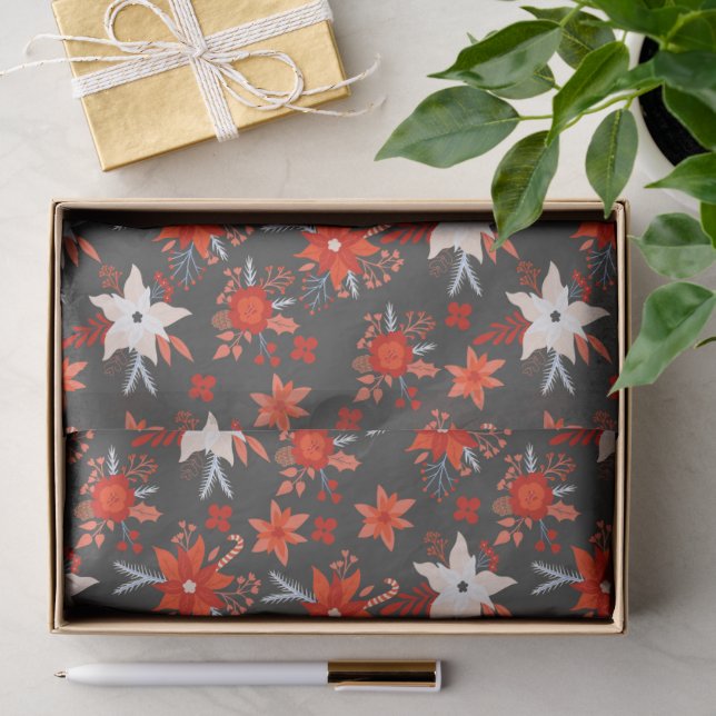 Christmas Holidays Festive Winter Red Pink Floral Tissue Paper (Gift)
