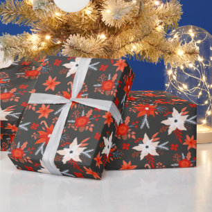 Christmas Holidays Festive Winter Red Pink Floral Wrapping Paper