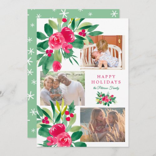 Christmas holidays floral watercolor 3 photos snow card