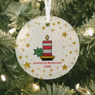 Christmas Holidays Gold Stars Candle Glitter Glass Ornament