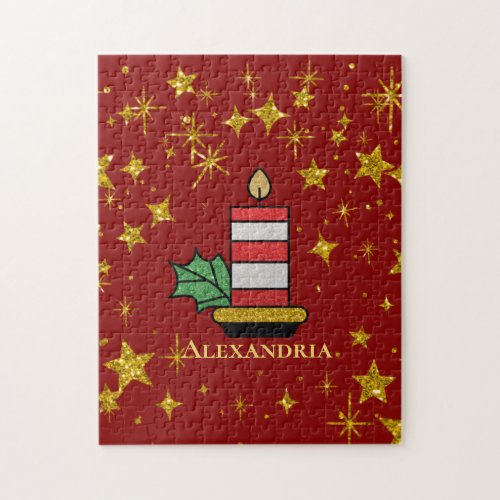 Christmas Holidays Gold Stars Candle Personalize Jigsaw Puzzle