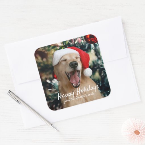 Christmas Holidays Golden Retriever Custom Name Square Sticker | Zazzle