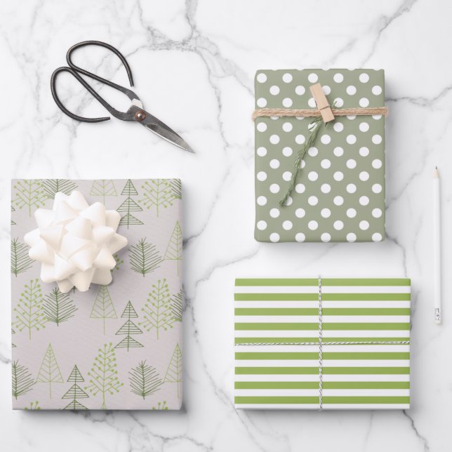 Christmas Holidays Green Matte Pine Trees Wrapping Paper Sheets (Front)