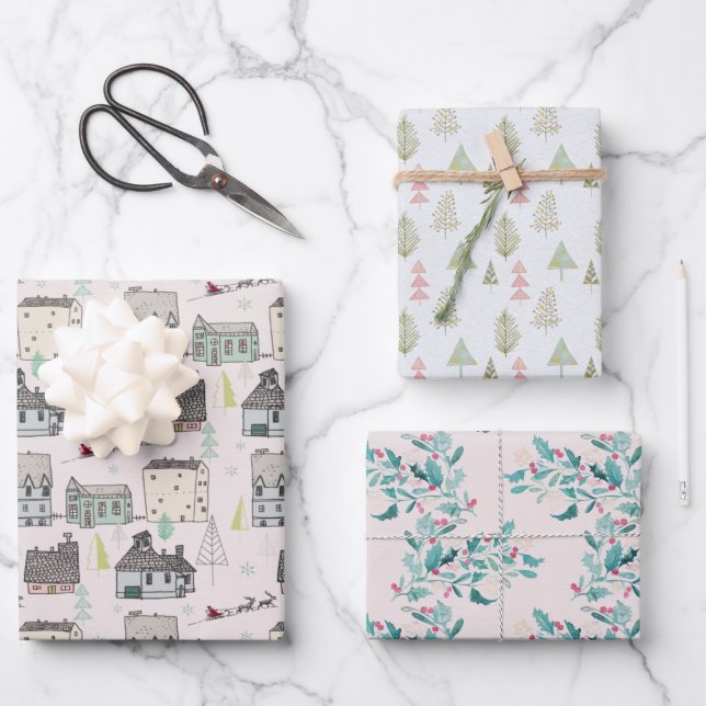Christmas Holidays Hygge Nordic Holly Berries Wrapping Paper Sheets (Front)