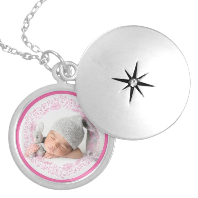 Christmas Holidays Modern Pink Floral Photo Locket Necklace (Front)