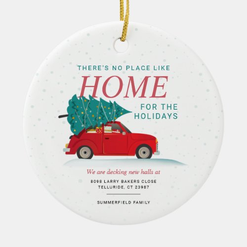 Christmas Holidays Moving Announcement Red Car Ceramic Ornament