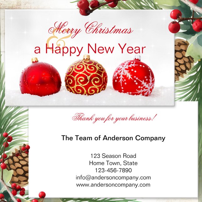 Christmas Holidays Office Thank You Business Card (Christmas Thank You business card featuring festive red and gold Christmas baubles)