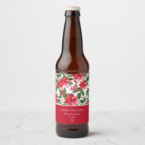 Christmas Holidays Personalized Poinsettia Pattern Beer Bottle Label