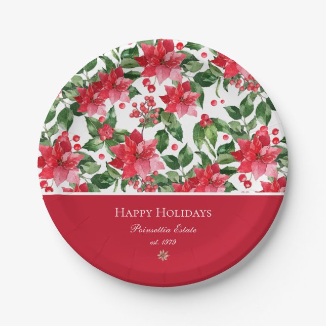 Christmas Holidays Personalized Poinsettia Pattern Paper Plates (Front)