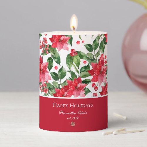 Christmas Holidays Personalized Poinsettia Pattern Pillar Candle