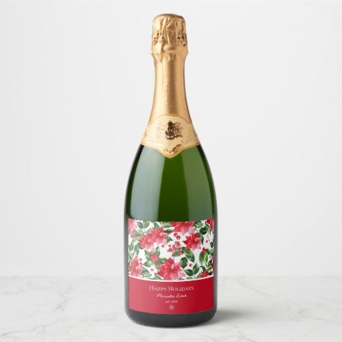 Christmas Holidays Personalized Poinsettia Pattern Sparkling Wine Label