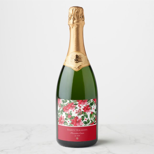 Christmas Holidays Personalized Poinsettia Pattern Sparkling Wine Label (Front)