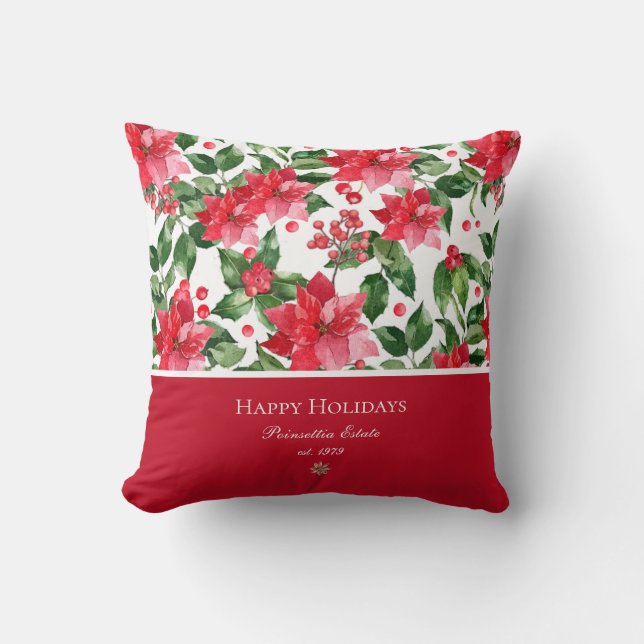 Christmas Holidays Personalized Poinsettia Pattern Throw Pillow (Front)