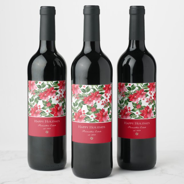 Christmas Holidays Personalized Poinsettia Pattern Wine Label (Bottles)