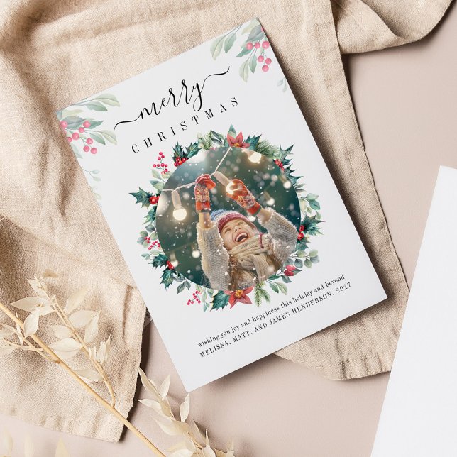 Christmas Holidays Photo Mistletoe Botanical Note Card (Merry Christmas Red Berries Photo Greetings Card)