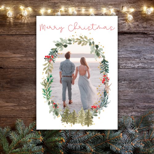 Christmas Holidays Photo Watercolor Floral Wreath Holiday Card