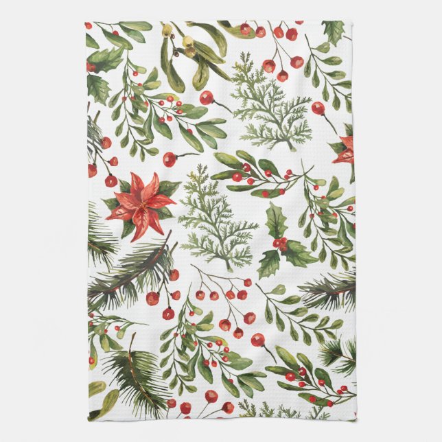 Christmas Holidays Pine Red Berries Kitchen Towel (Vertical)