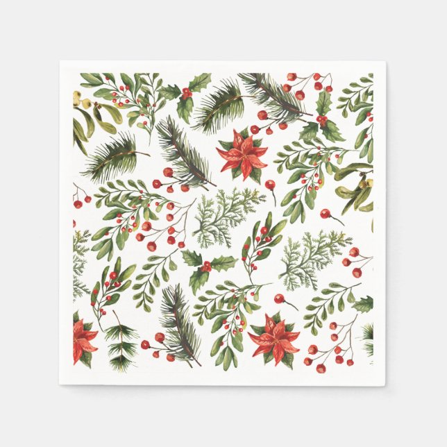 Christmas Holidays Pine Red Berries Paper Napkins (Front)