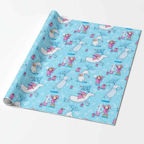 Christmas Holidays Pink Girl Blue Wrapping Paper
