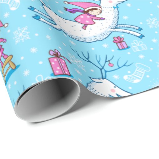 Christmas Holidays Pink Girl Blue Wrapping Paper | Zazzle