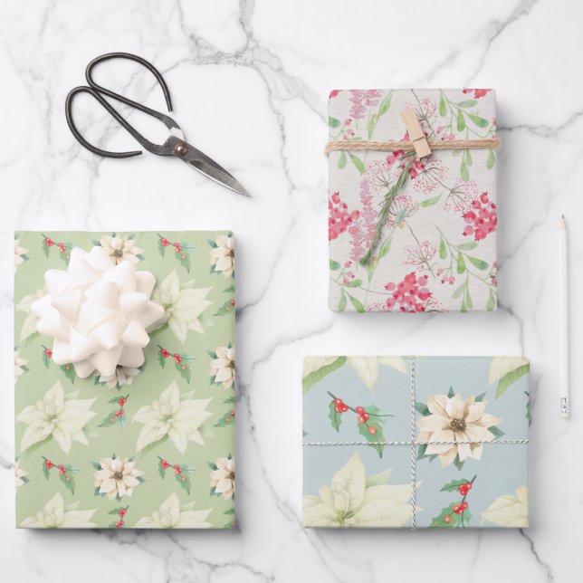 Christmas Holidays Poinsettias Holly Berries Wrapping Paper Sheets (Front)