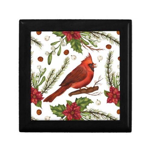 Christmas Holidays Red Cardinal Poinsettia Floral Gift Box