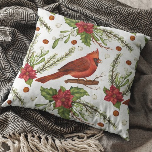Christmas Holidays Red Cardinal Poinsettia Floral Outdoor Pillow