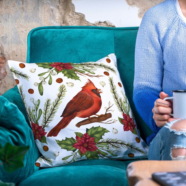Christmas Holidays Red Cardinal Poinsettia Floral Throw Pillow (Creator Uploaded)