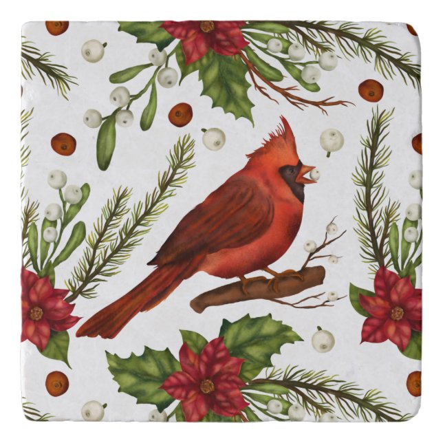 Christmas Holidays Red Cardinal Poinsettia Floral Trivet (Front)