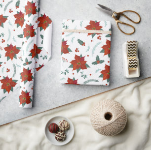 Christmas Holidays Red Poinsettia Floral Pattern Wrapping Paper
