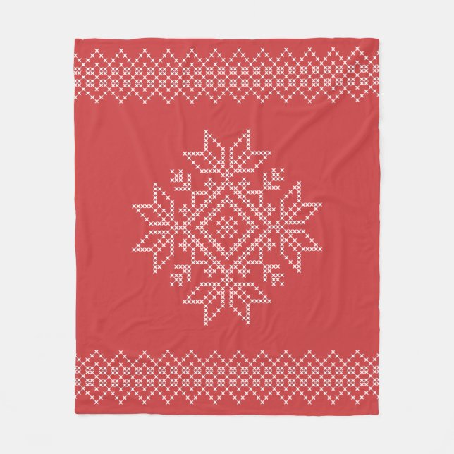 Christmas holidays red snowflake cross stitch fleece blanket (Front)