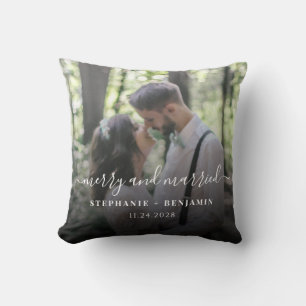 Christmas Holidays Wedding Photo Hand-Lettered Throw Pillow