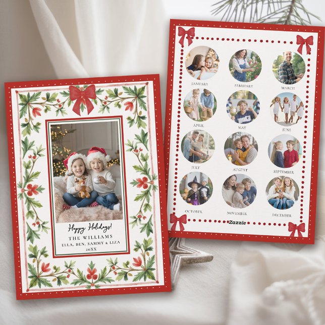 Christmas Holidays Whimsical Bow Botanical Photo Holiday Card (hand painted christmas card whimsical watercolor greenery red bow year in review photo)