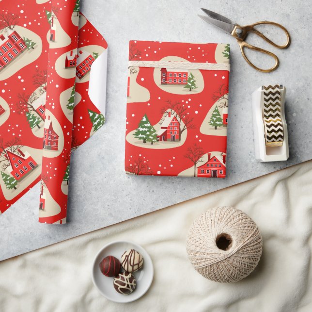Christmas Holidays Winter Snow Houses Wrapping Paper (Crafts)