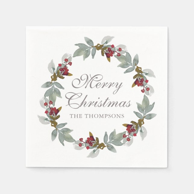 Christmas Holidays Winter Watercolor Floral Name Napkins (Front)