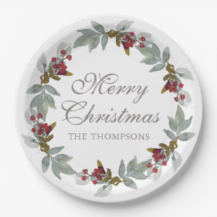 Christmas Holidays Winter Watercolor Floral Name Paper Plates