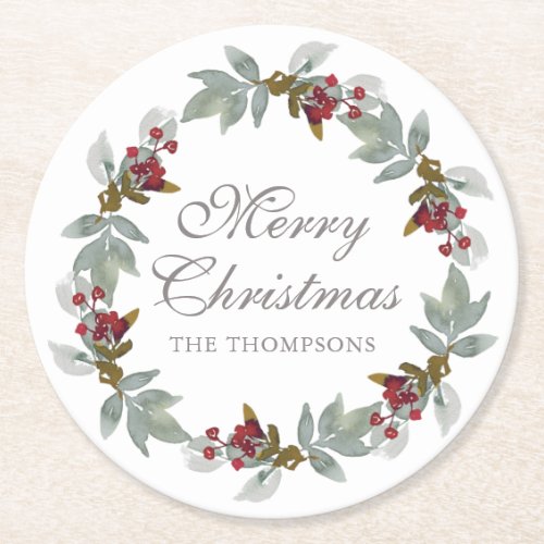 Christmas Holidays Winter Watercolor Floral Name Round Paper Coaster