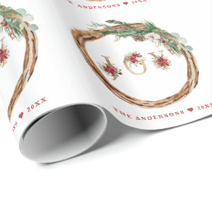 Christmas Holidays Wreath JOY Floral Script Wrapping Paper