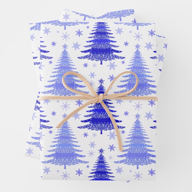 Christmas Holliday Blue Trees Pattern Gift Wrapping Paper Sheets (In situ)