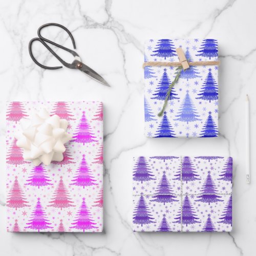 Christmas Holliday Pink Purple Blue Trees Pattern Wrapping Paper Sheets