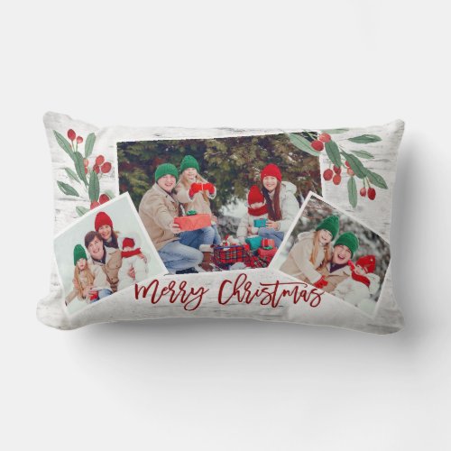 Christmas Holly 3 PHOTO Collage Holiday Lumbar Pillow