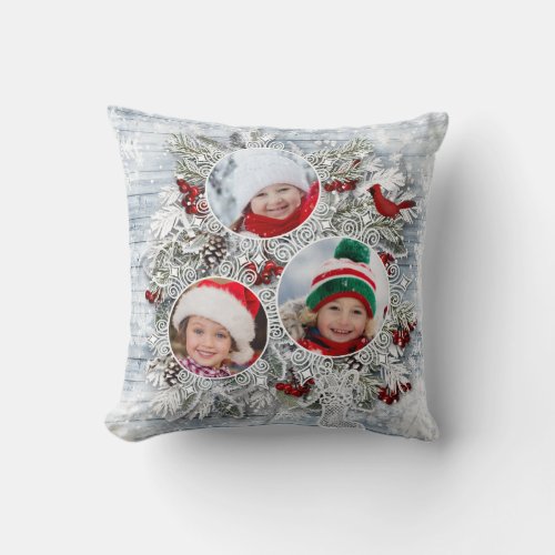 Christmas Holly 3 PHOTO Collage Holiday Throw Pillow