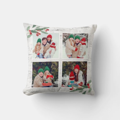 Christmas Holly 4 PHOTO Collage Holiday Bark Throw Pillow