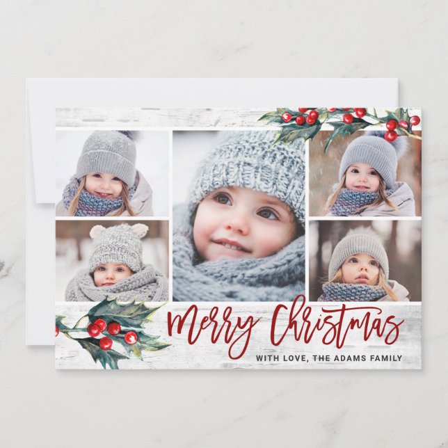 Christmas Holly 5 PHOTOS Collage  Holiday Card (Front)