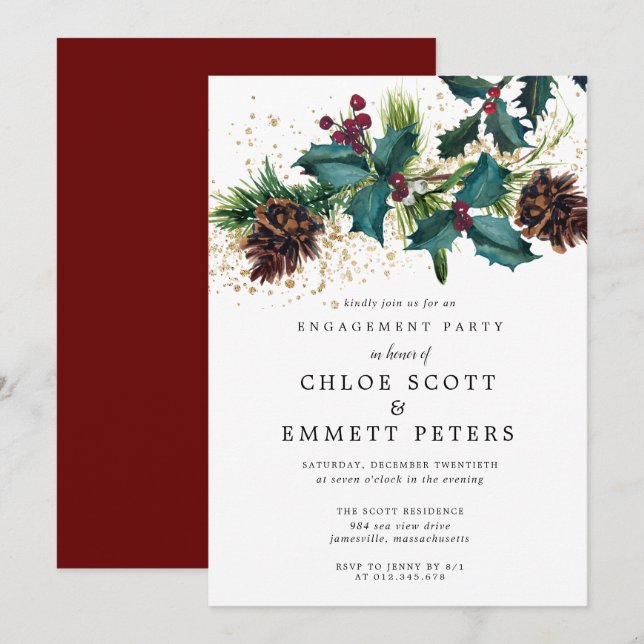 Christmas Holly and Berries Engagement Party Invitation (Front/Back)