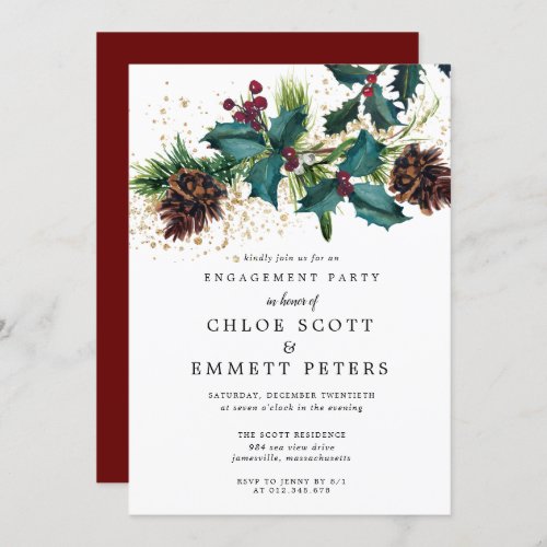 Christmas Holly and Berries Engagement Party Invitation
