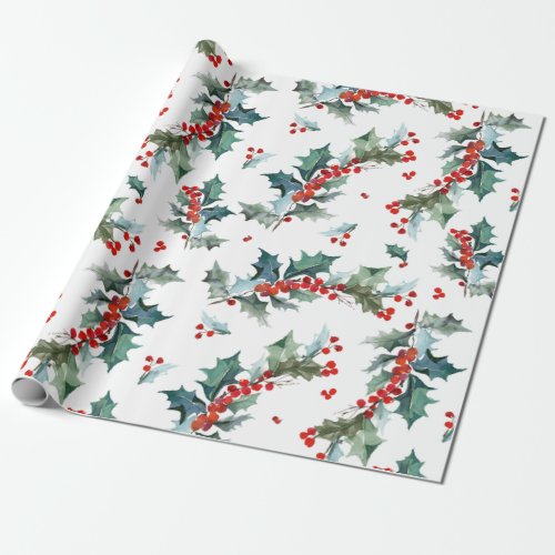 Christmas Holly and Berries Pattern Wrapping Paper