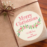 Christmas Holly and Berry Holiday Classic Round Sticker<br><div class="desc">Create stickers to label your Christmas holiday gifts,  homemade goods,  cookies,  candy,  treats,  party favors and more featuring a stylish,  modern watercolor of green leaves and red berries on a pale ivory stripe background and your message in chic lettering. MORE styles and MATCHING items in our collection.</div>