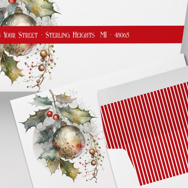 Christmas Holly and Berry Holiday Mailing Envelope (Beautiful envelope for your holiday cards or invitations.  Close-up view of back, front & inside.)