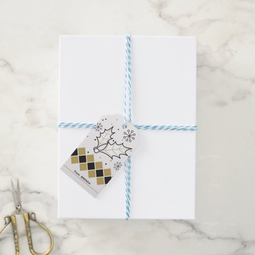 Christmas holly and black and gold stripe gift tags
